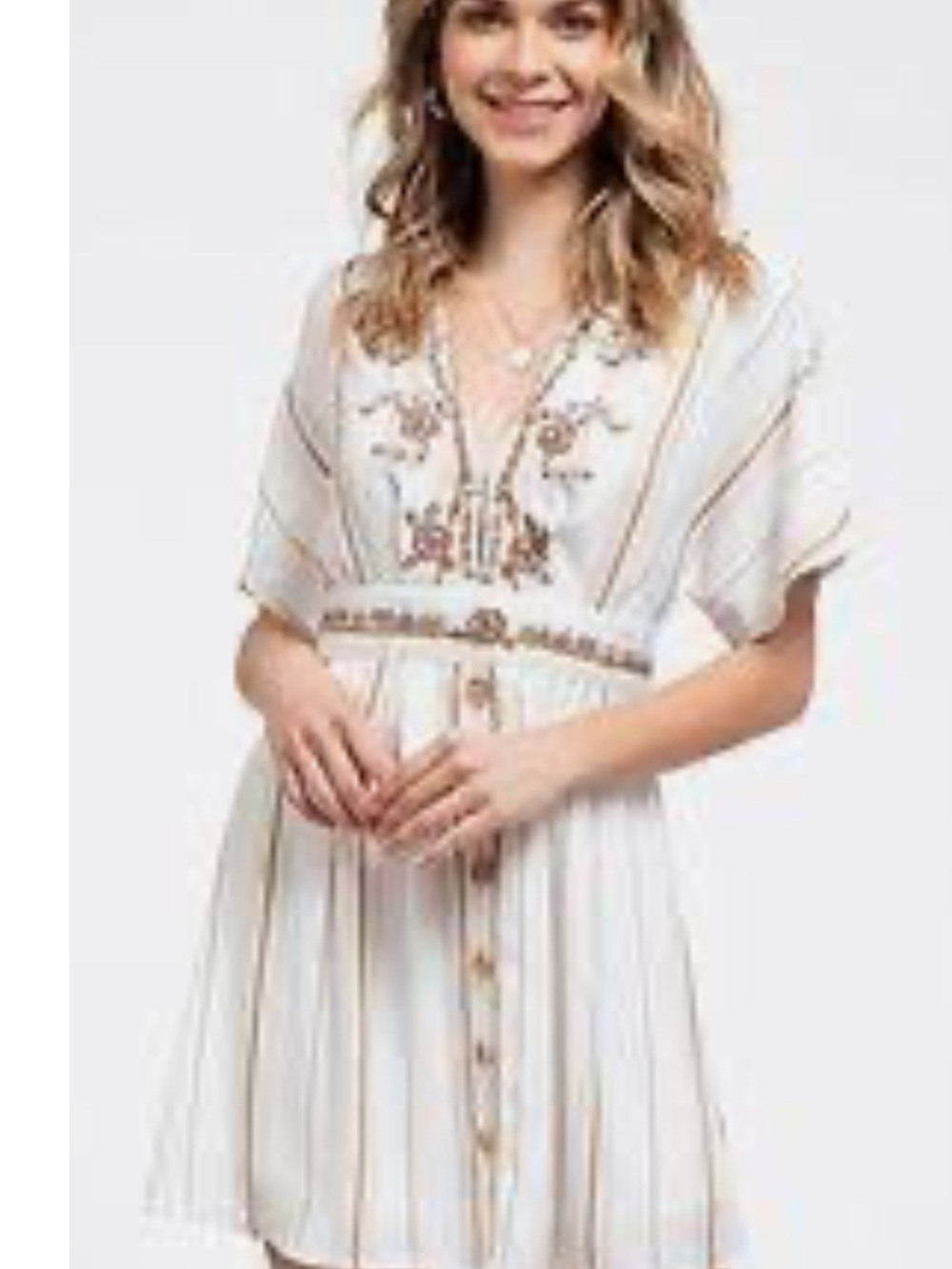 Blu Pepper Embroidered V-Neck Tan/White Striped Boho Dress. Size Medium